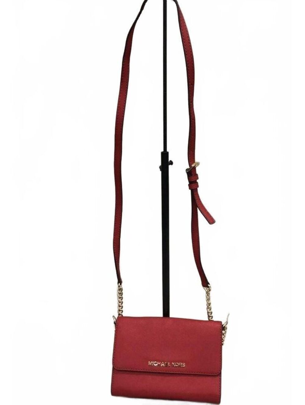 Michael Kors Red Saffiano Leather Crossbody Wallet on Chain Gold Hardware COA